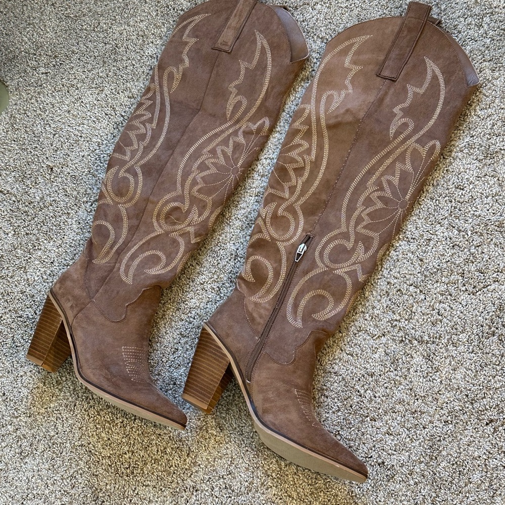 Mi.iM Tan Embroidered Heeled Boots Ivy Western Cowboy Boot